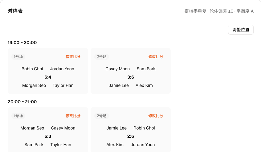 MatchRobin 对阵表画面，显示搭档零重复和公平性评分