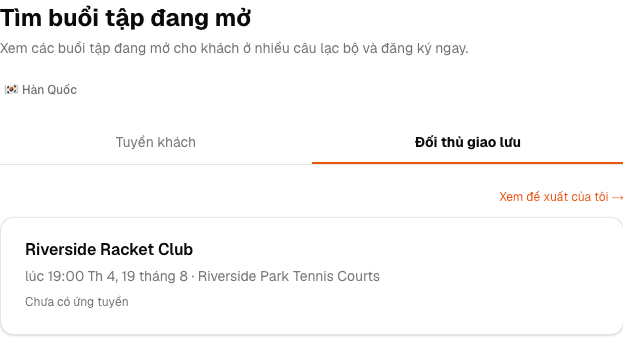 Danh sách giao lưu công khai hiển thị tên câu lạc bộ, môn thể thao và ngày giờ