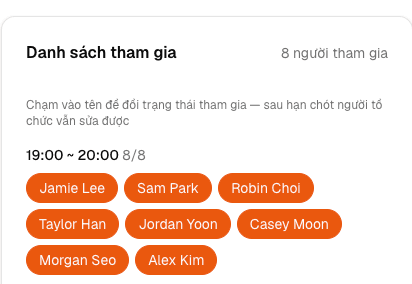 Màn hình phản hồi tham gia của thành viên — chỉ cần chạm chọn khung giờ, không cần đăng ký